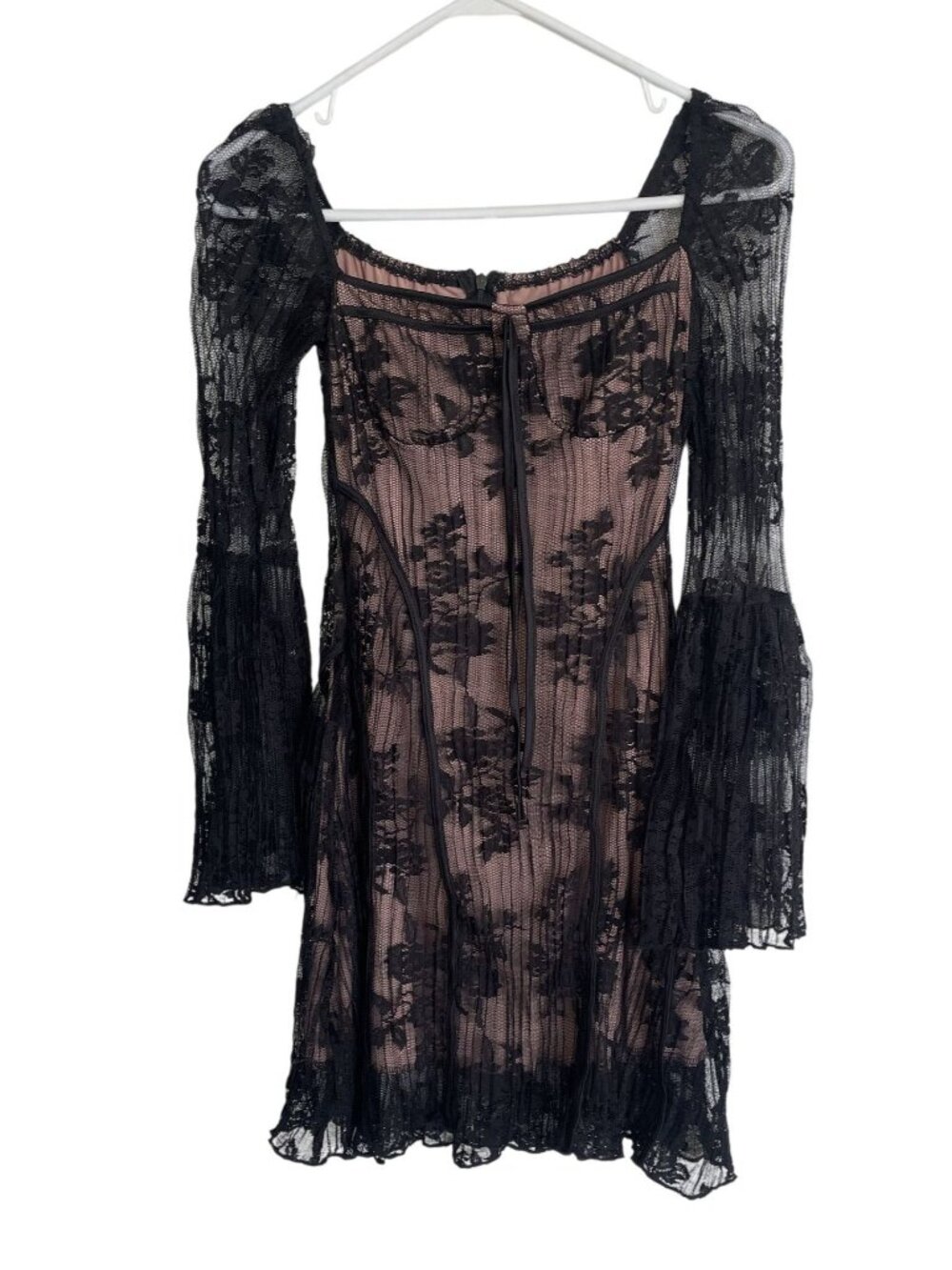 Black & Nude Floral Lace Long-Sleeve Mini Dress With Flared Sleeves - Picture 2 of 4
